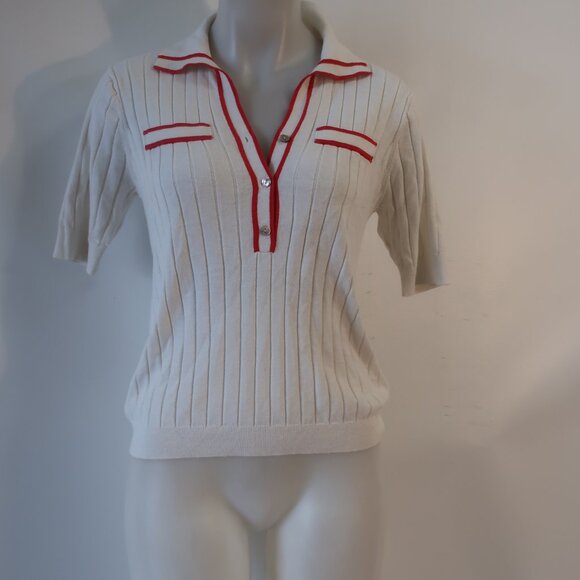 Womens Minnie Rose White Red Cotton Cashmere Collared V-Neck Knit Polo Top S - Picture 2 of 5